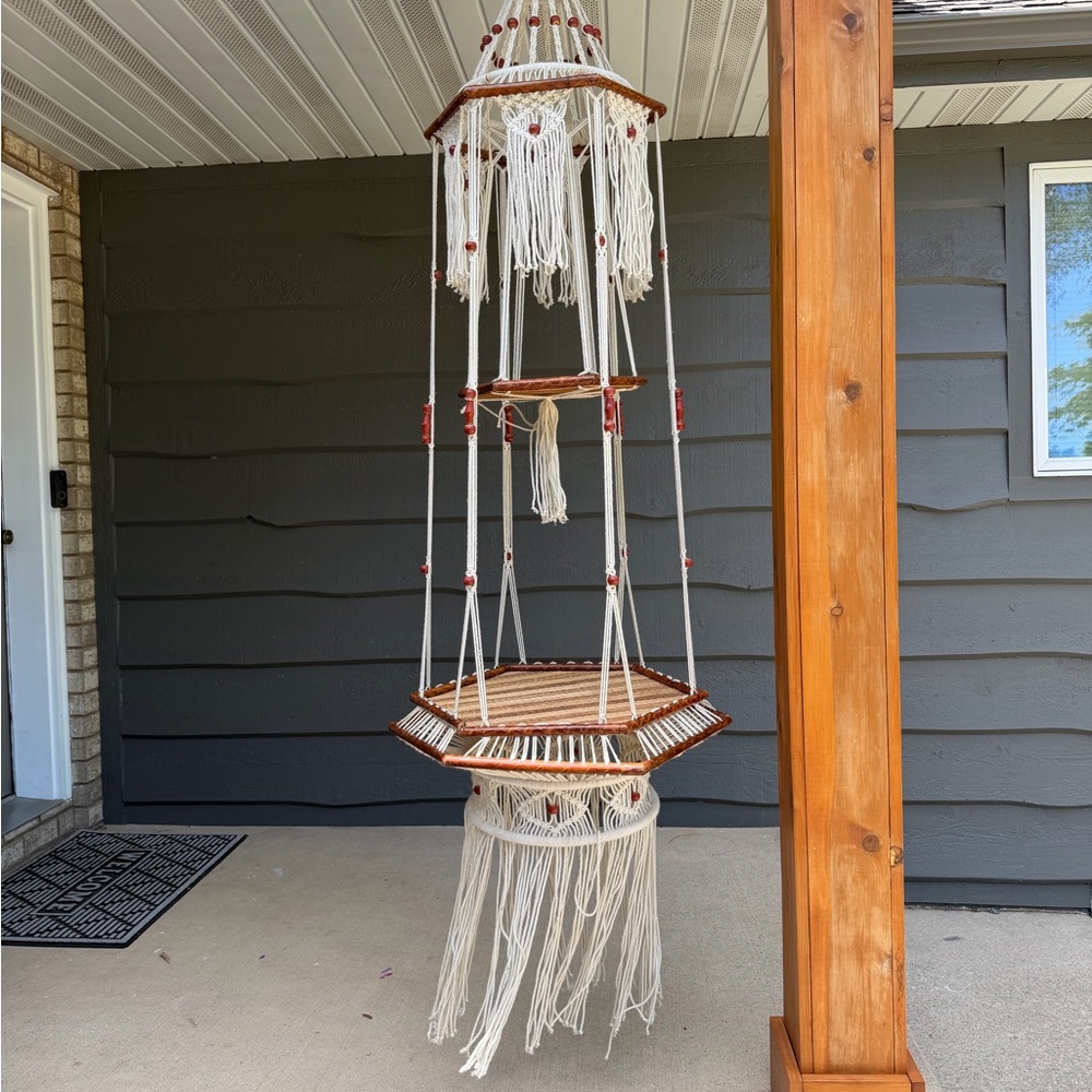 Vintage 1970s Handmade Macrame and rattan Hanging Plant stand/table